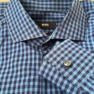 Hugo Boss Men’s Blue Navy Check Plaid Button Up Shirt Slim Fit Cotton Size 16
